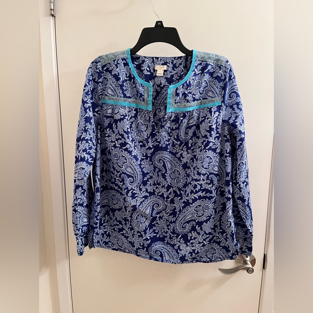 J Crew V-Neck Cotton Tunic Blouse Paisley Embroidered M Blue